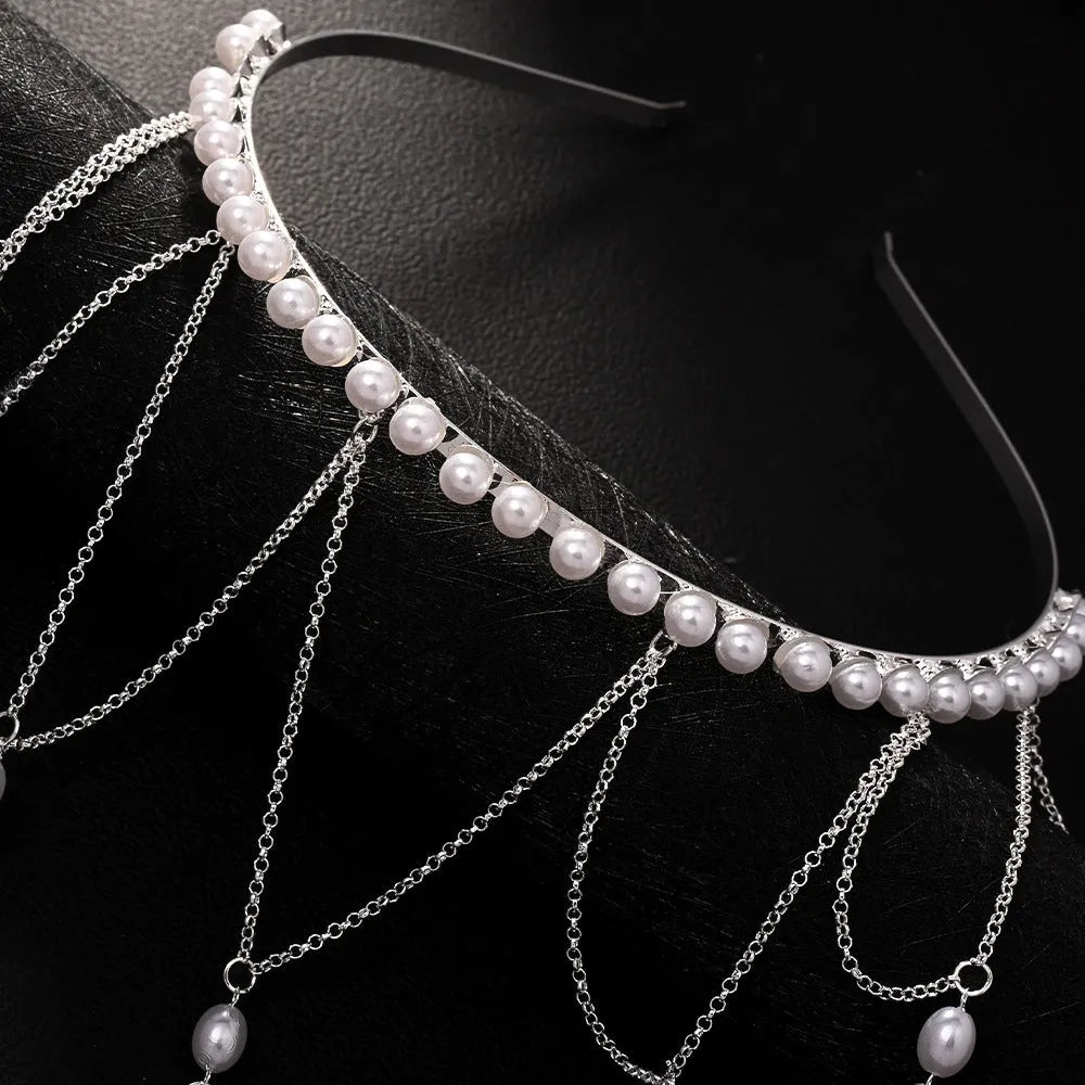 Gold or silver electroplated mesh tassel hair chain for women with pearl accent