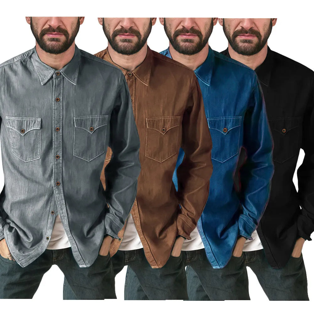 A regular fit denim cardigan coat available in khaki, black, blue, and grey colours.