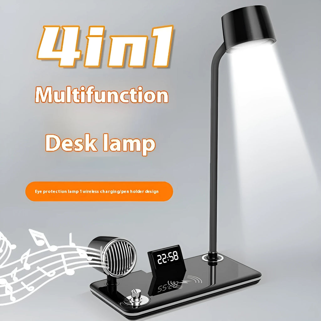 Black desk lamp with wireless charging pad, digital clock display, and adjustable lighting