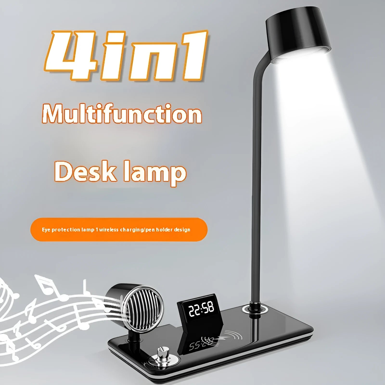 Black desk lamp with wireless charging pad, digital clock display, and adjustable lighting