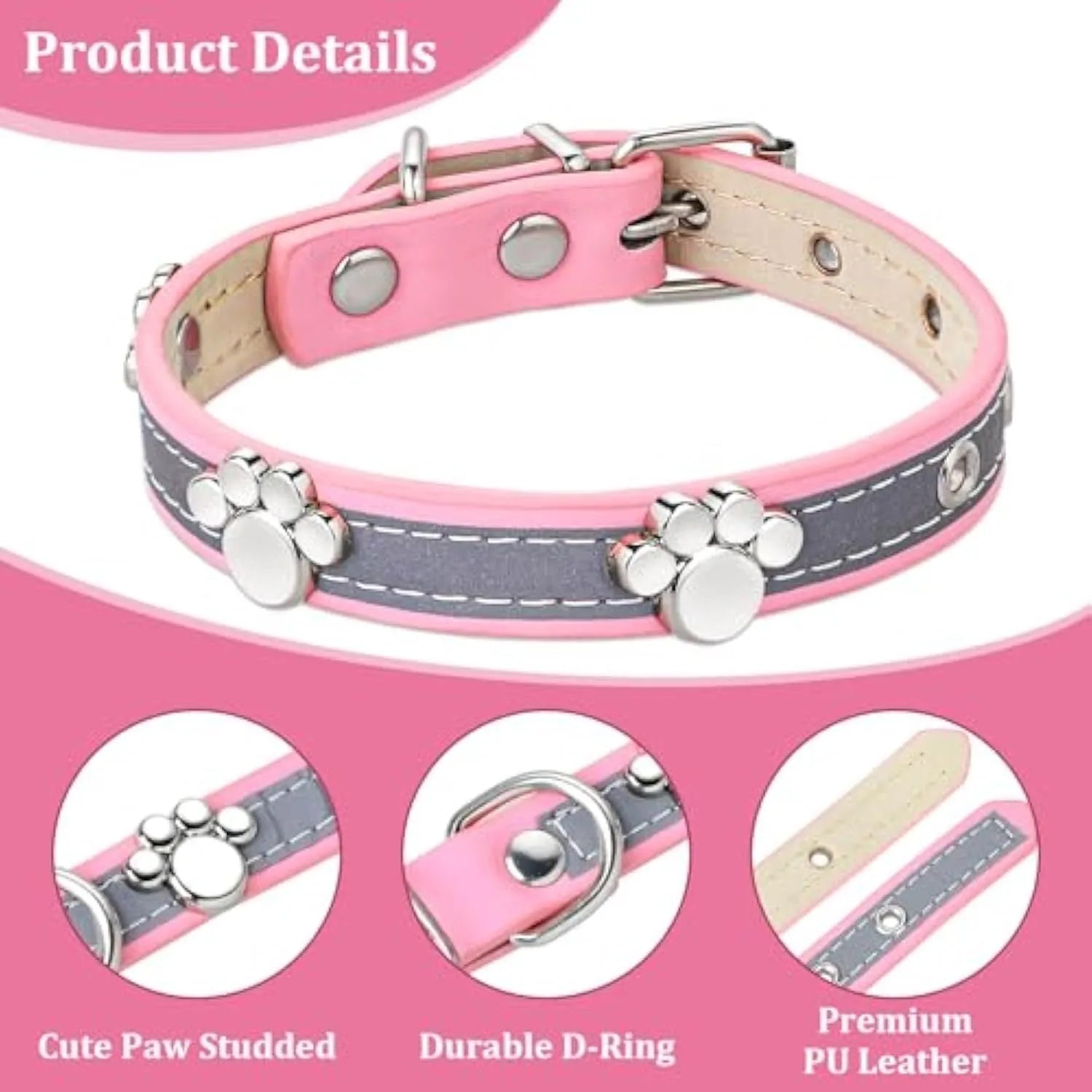 Reflective leather dog collar with paw-shaped rivets and adjustable metal buckle