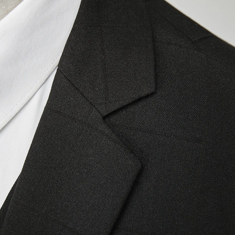 Men's navy blue slim fit three-piece suit with cotton blend fabric for business casual occasions