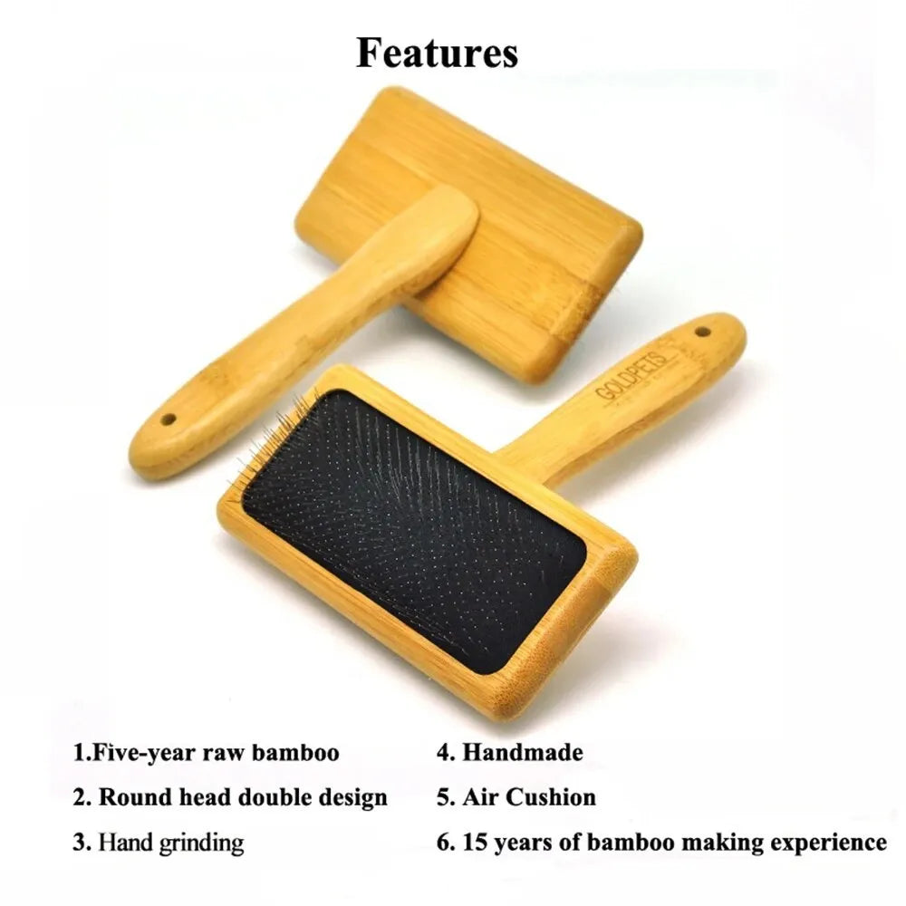 Bamboo and wood pet slicker brush with stainless steel pins for grooming long-haired cats and dogs