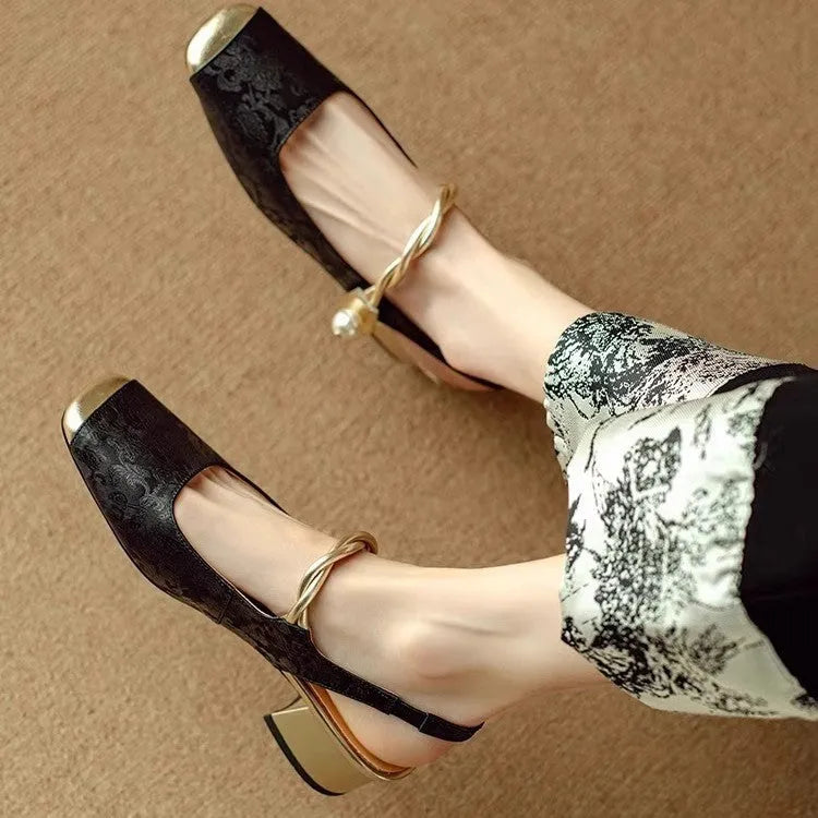 Women's closed toe satin sandals with square toe, backless fit, mid heel 3-6cm, in beige white, black or emerald green