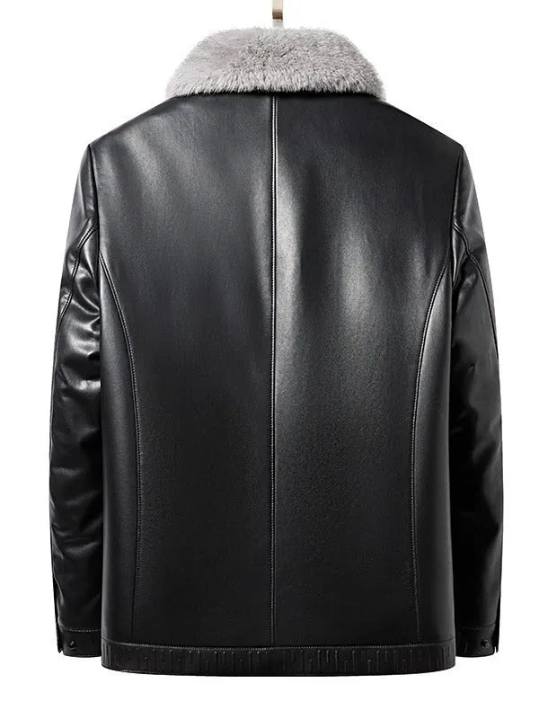 Business casual men's leather jacket in solid black colour, front view, size M to 4XL