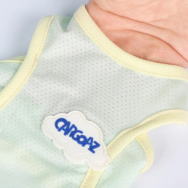 Lightweight green polyester anti-lint vest for cats on a mannequin.