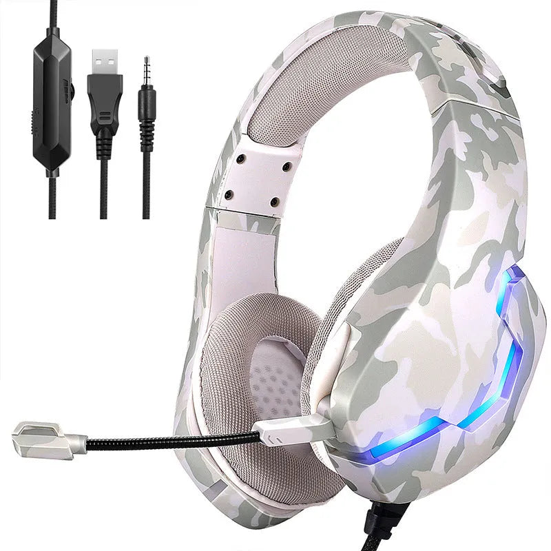 Eat Chicken wired gaming headset in camouflage blue with 40mm cloth earmuffs and braided cable