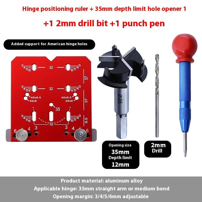 Red aluminium alloy hinge punch locator with 35mm template and adjustable margin settings for cabinet door installation
