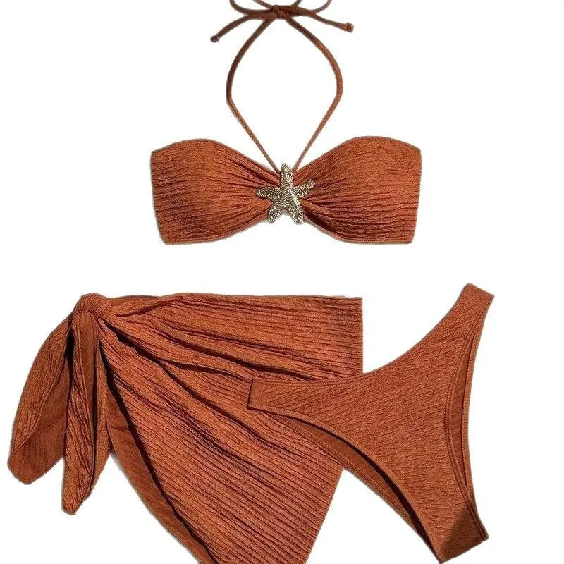 Brown floral three-piece bikini set with tube top, pants and beach skirt in polyester, sizes S to XL
