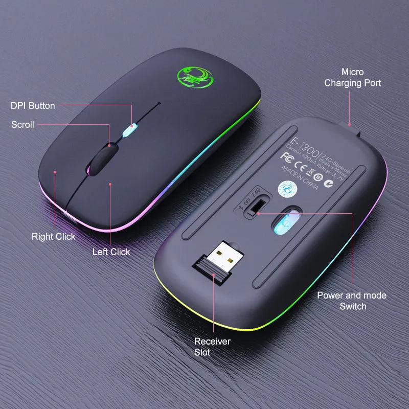 A black or white silent wireless charging mouse with dual-mode Bluetooth and 2.4G connectivity.