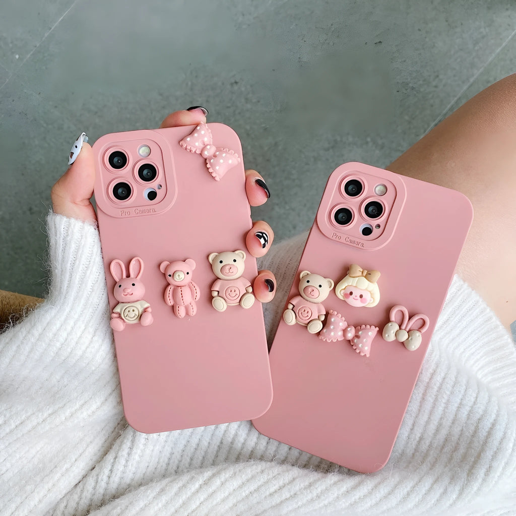 Women's decorative iPhone case with a raised three-dimensional doll bear design on a TPU protective cover.