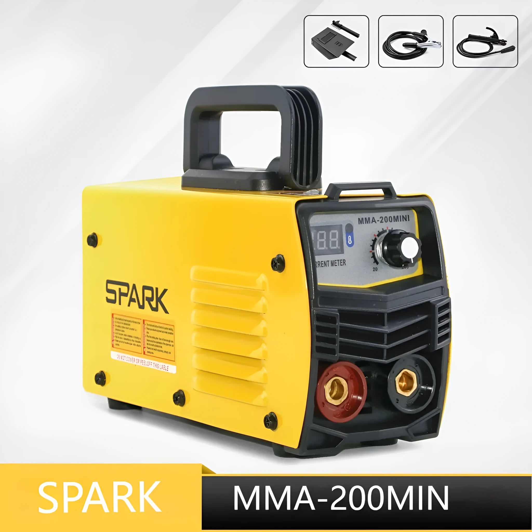 MMA-200MIN portable 220V DC inverter welding machine with welding tongs and face shield.