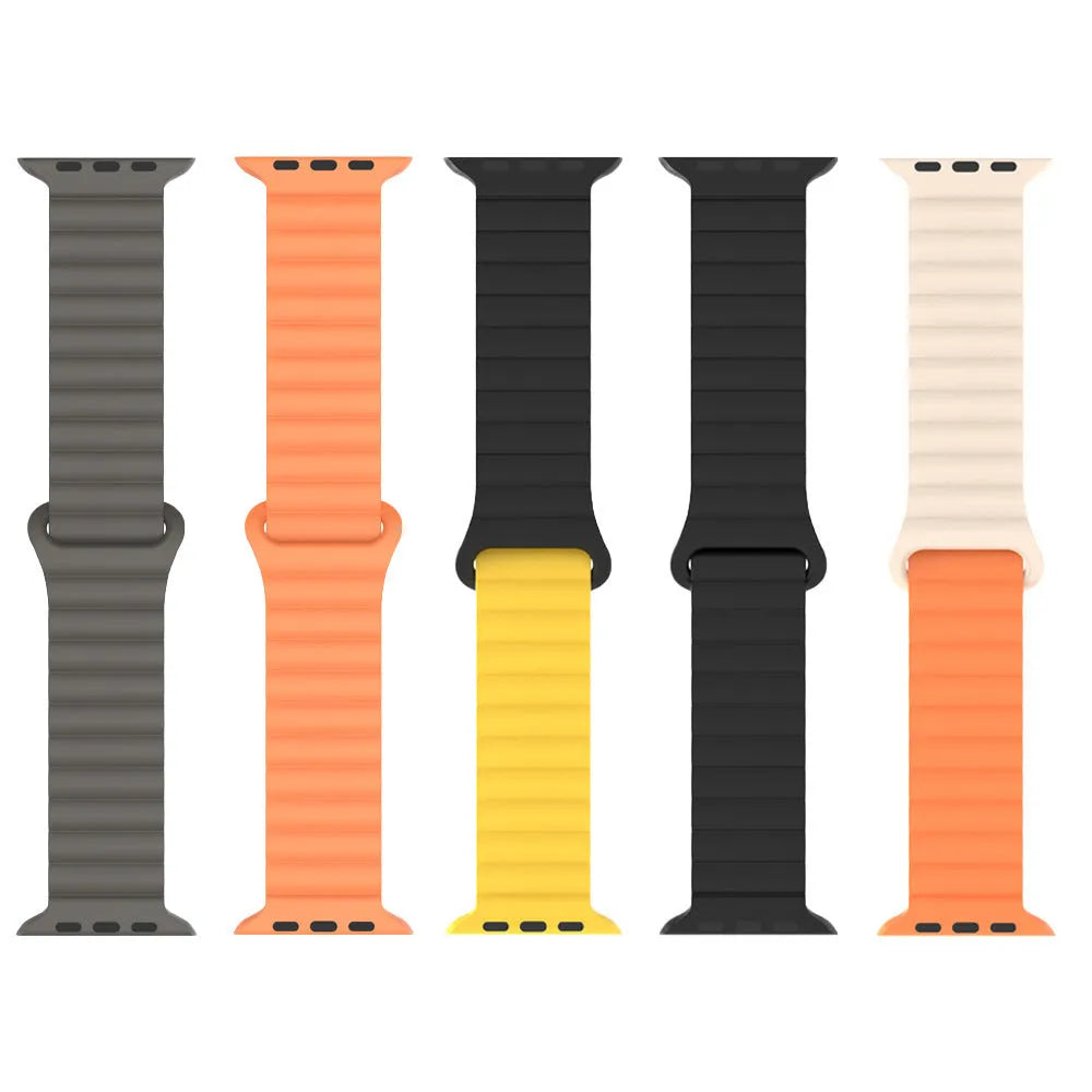 Two-colour silicone magnetic watch band for Apple Watch, sizes 38-49mm, shown in black with orange.