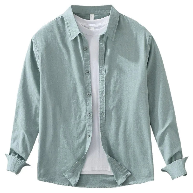 Men's Japanese cotton linen style long sleeve loose cardigan shirt in raw jute colour with button front