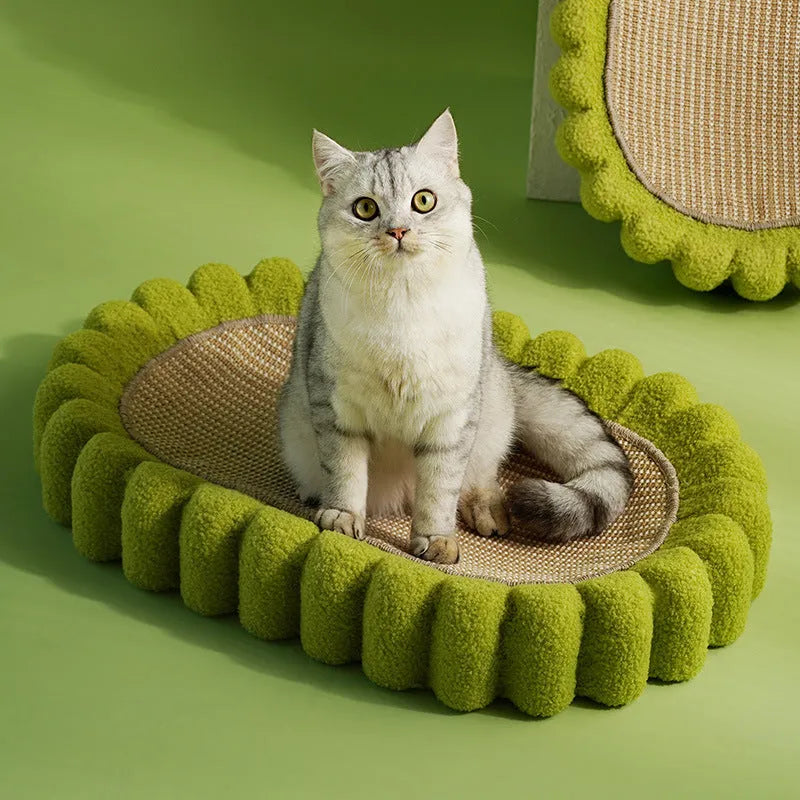 Green oval cat scratch pad bowl made of sisal measuring 650mm x 420mm