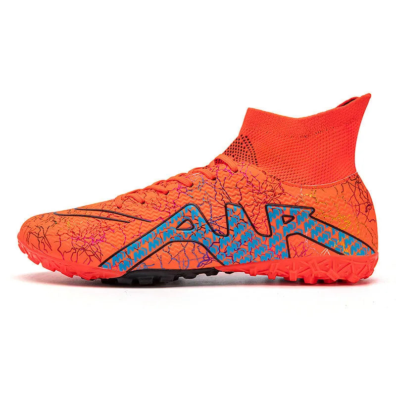 High-top football boots with rubber studded sole and breathable upper, available in black gold and white orange