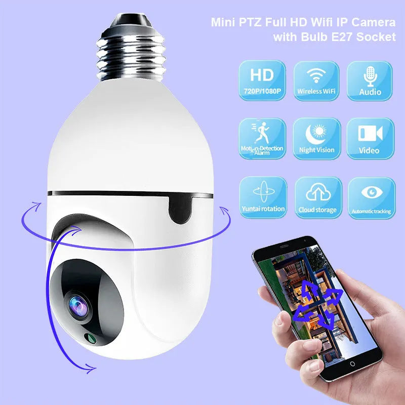 White ABS wireless WiFi bulb camera with 1080P resolution and shaking head mechanism for indoor home security monitoring.