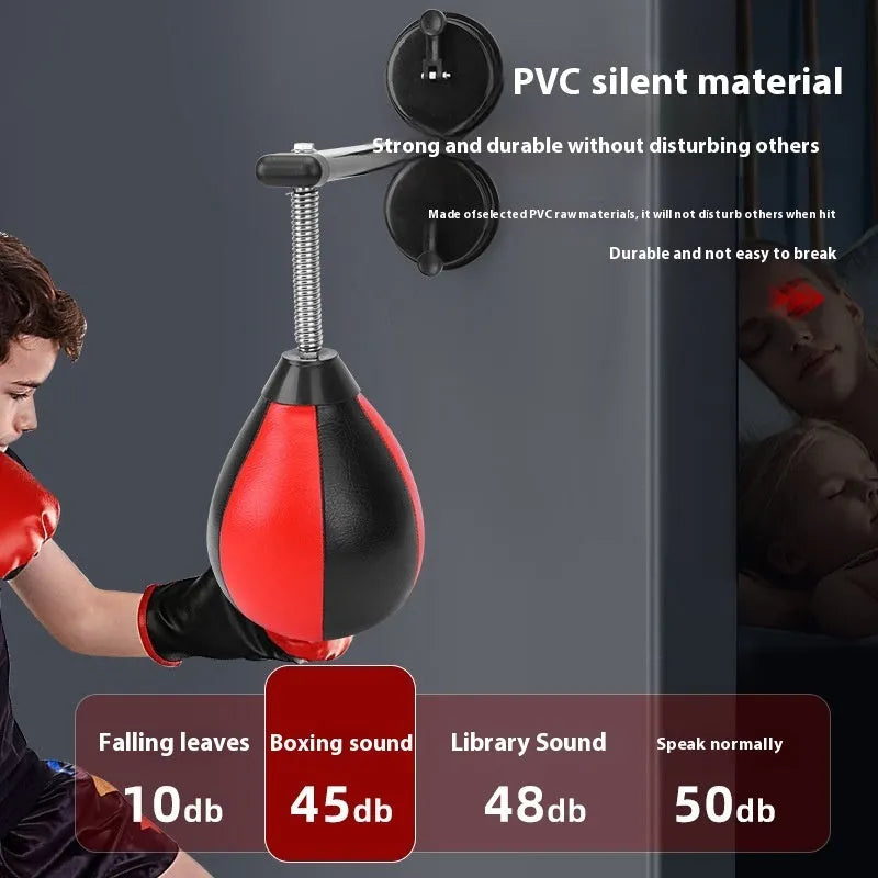 Pear-shaped inflatable boxing training ball with red and black head mounted via suction cups