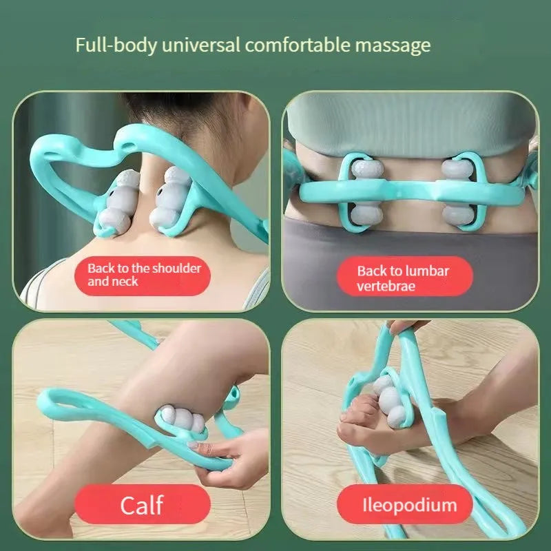 Blue handheld neck massager with pressure points showing 360-degree rotation capability
