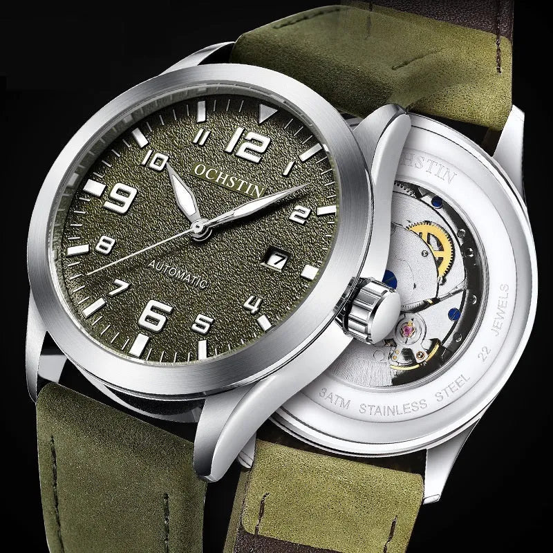 Men's retro automatic watch with business style on wrist, showing 12mm thickness and colour options.