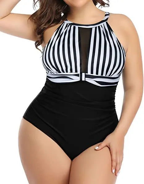 Women's black lace one-piece swimsuit on a mannequin, showing front design.