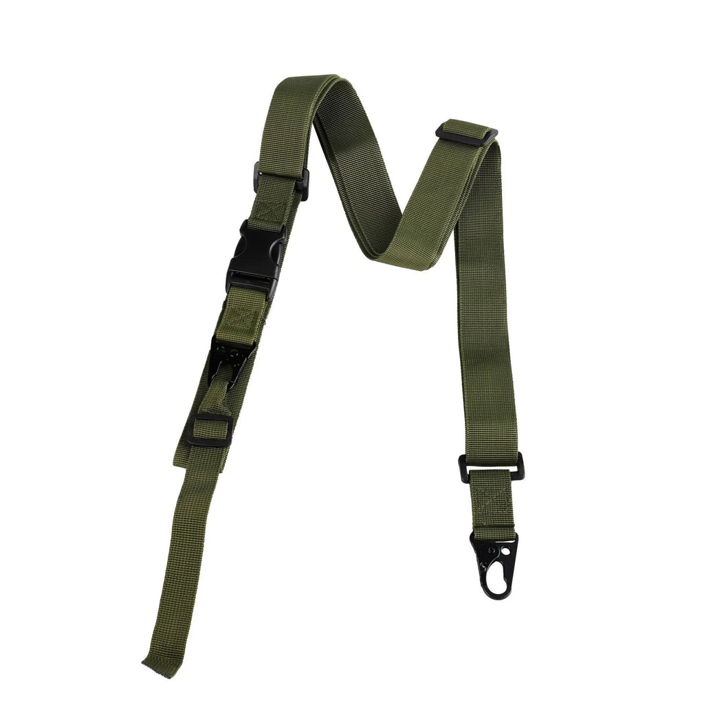Army green woven nylon crossbody sling strap with alloy buckle, shown at 148 cm length.