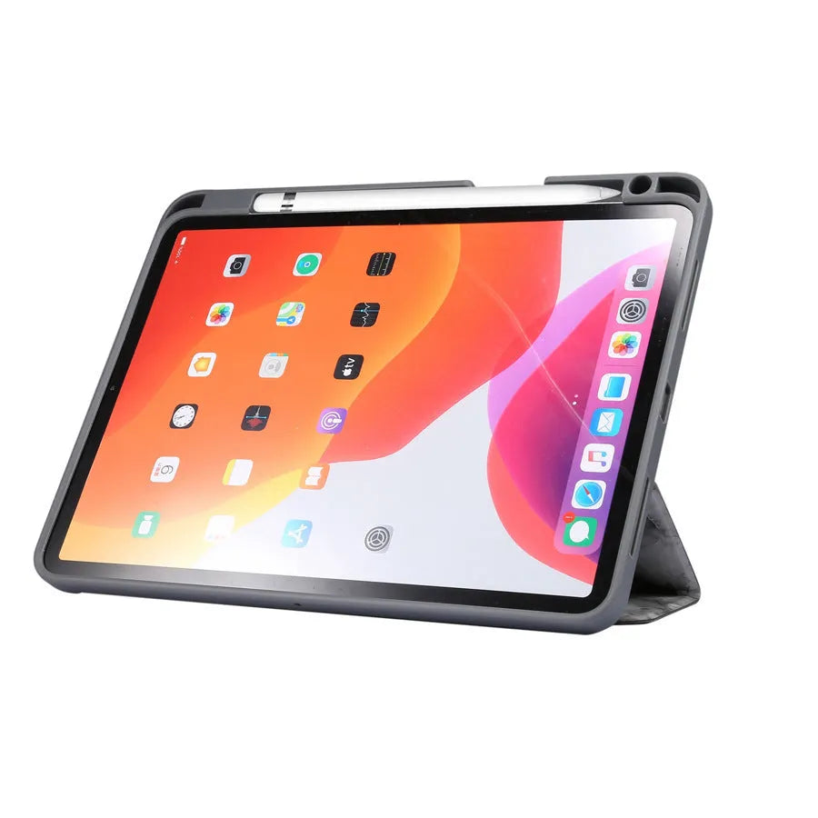 iPad leather case with 9 tri-fold marbling pattern and pen slot in dark gray, creamy-white, purple, blue, or pink