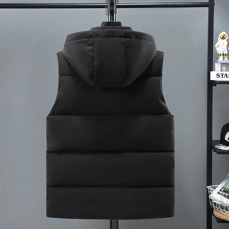 Men's black polyester vest with removable cap showing straight hem design and slant pockets