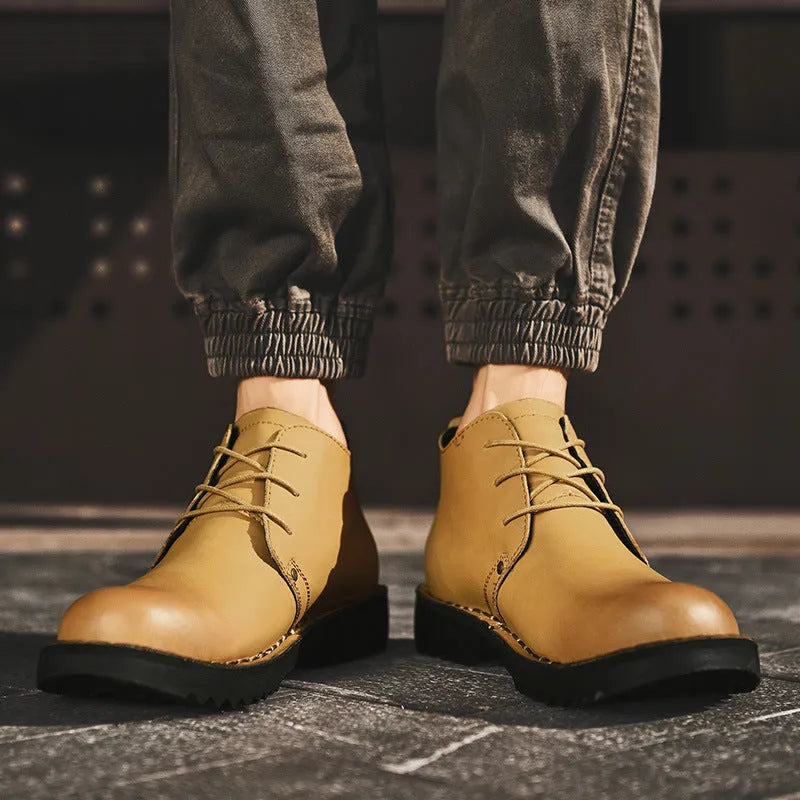Men's casual business formal boots in black, round toe, microfiber leather, solid colour, sizes 38-44