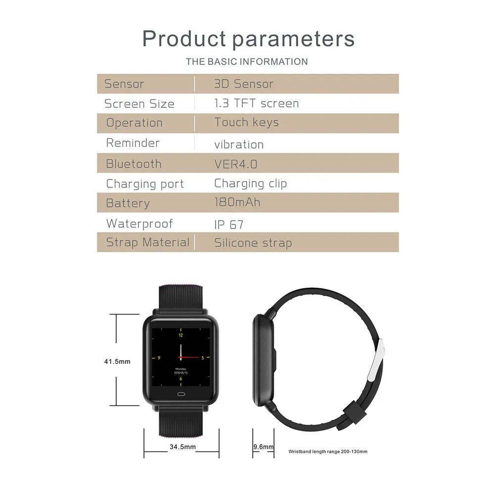 Q9 Smart Bracelet with 1.3 inch HD TFT touch screen, silicone strap and IP67 waterproof rating, in black