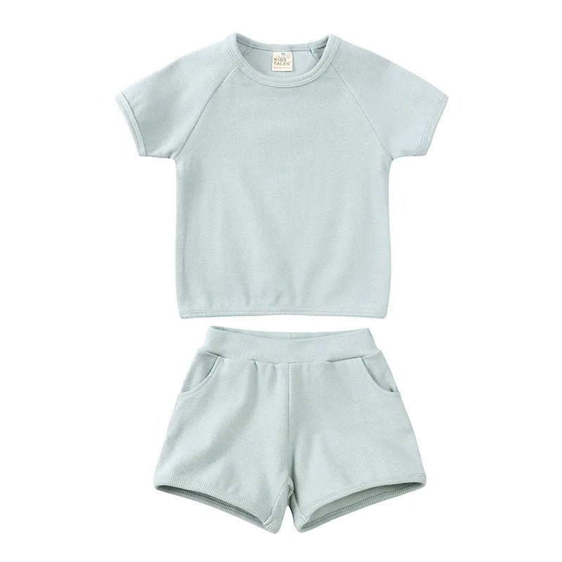 Children's cotton short sleeve shirt and shorts set in solid colour, summer two-piece outfit with pullover top.