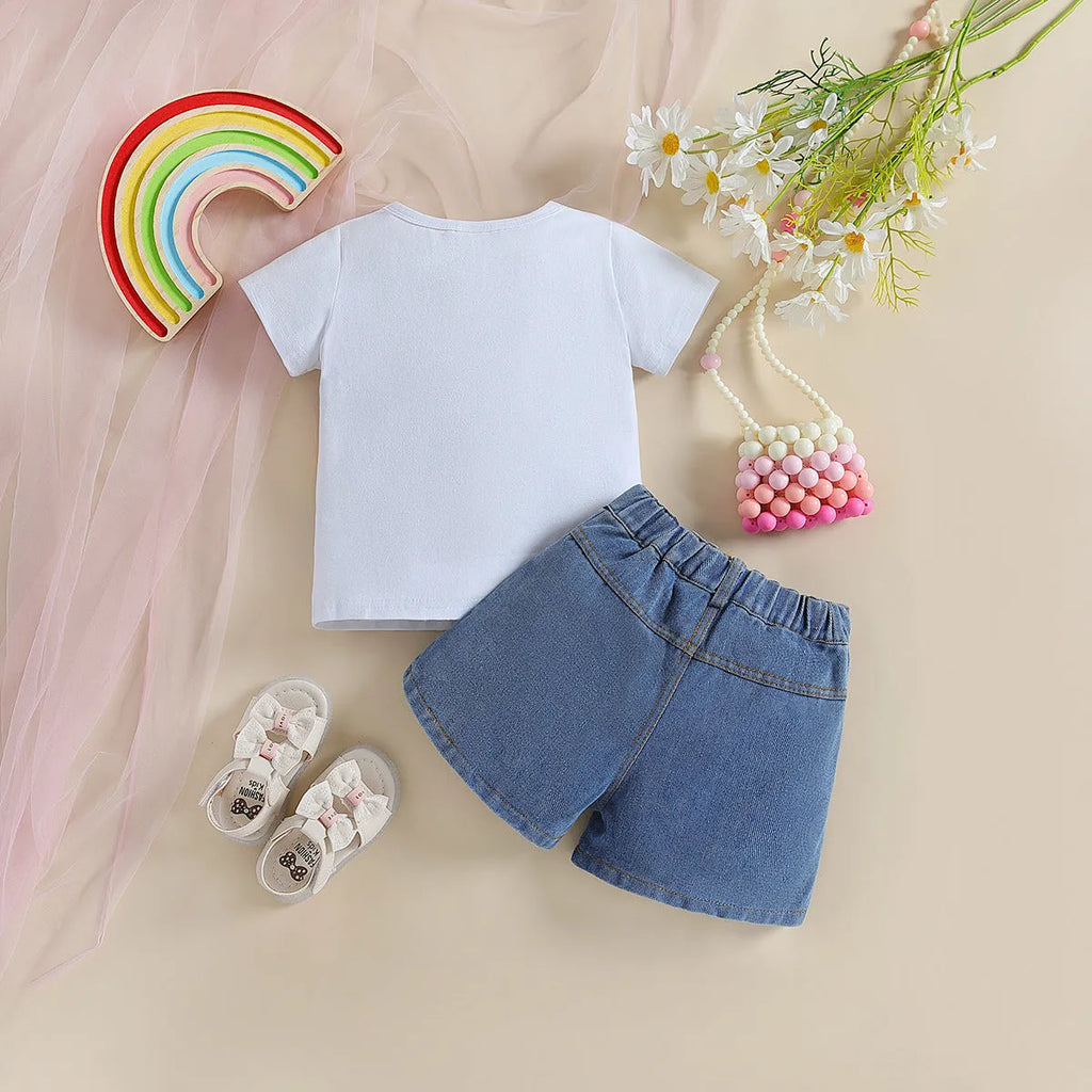 Girls' rainbow striped short-sleeved top and denim shorts two-piece summer set in Picture Style
