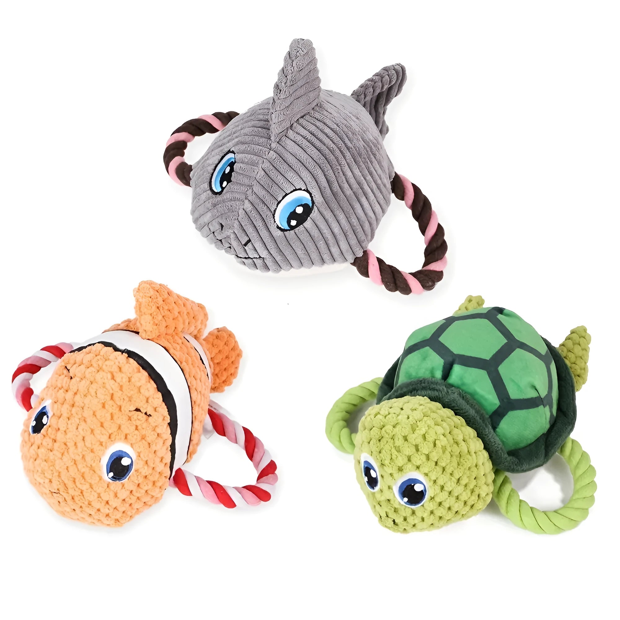 Turtle shaped dog chewing toy in green colour showing plush fabric and rope knot construction