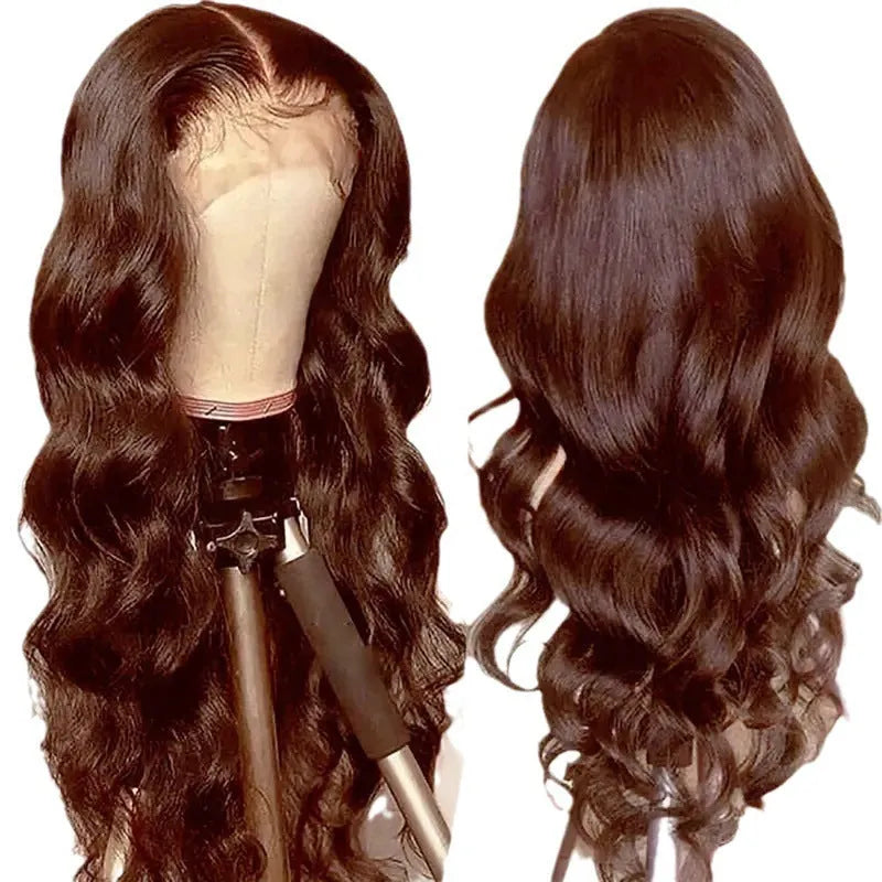 Women's long curly dark brown front lace wig with side bangs on a mannequin head.