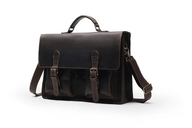 Cowhide leather crossbody computer bag with anti-theft features in dark brown colour