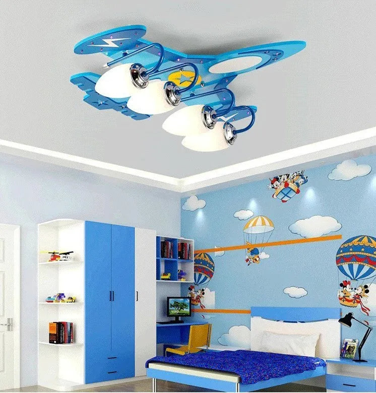 Children's aeroplane themed LED ceiling light with rectangular glass shade and wood frame