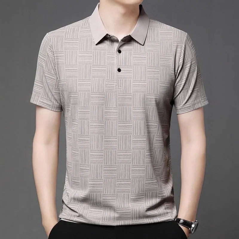 Men's slim fit lapel t-shirt in chemical fibre blend fabric showing lapel neckline detail