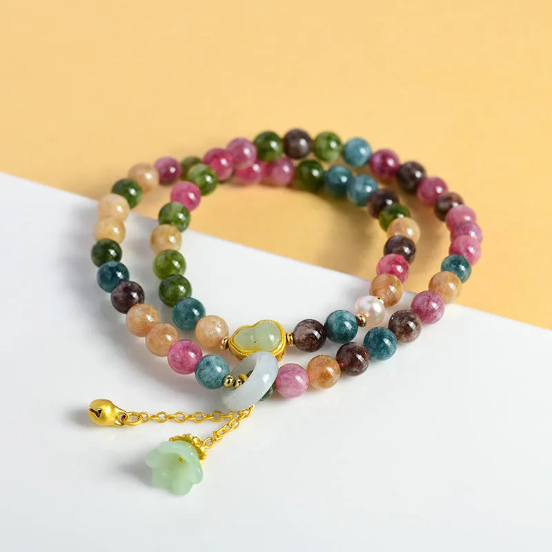 Women's double circle bracelet made from natural chalcedony with 6-6.5mm geometry beads.