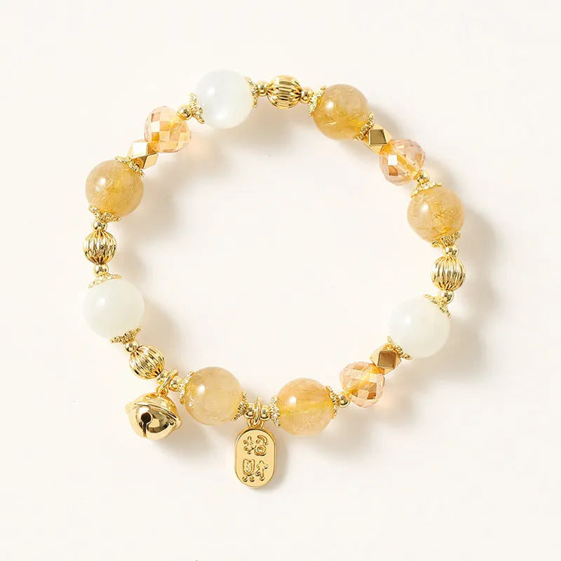 Gold coloured rutilated quartz crystal bracelet with Korean style design and electroplated finish