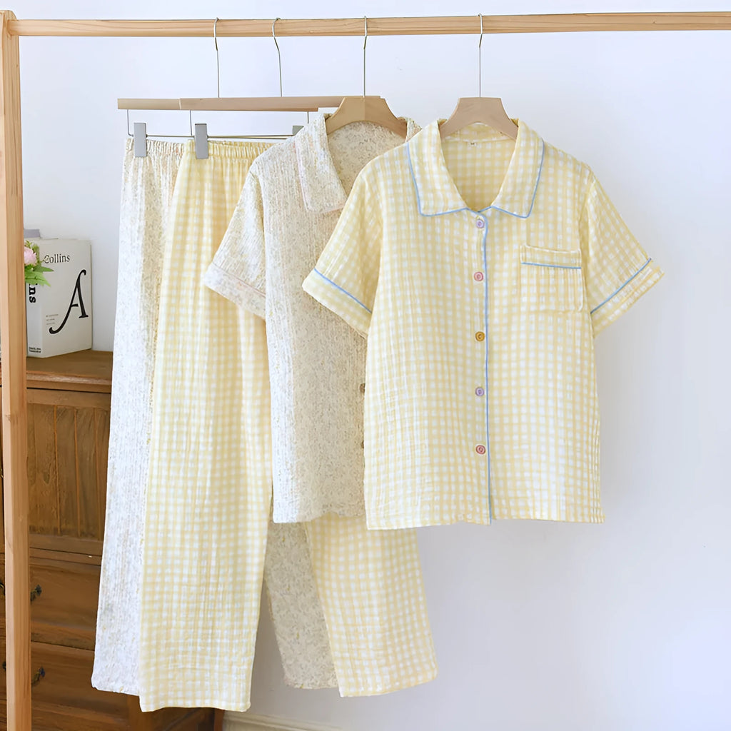 Washed cotton double-layer gauze short-sleeved trousers casual loose outfit in summer colour
