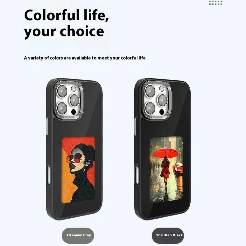 Black NFC four-color E-ink screen phone case for iPhone 15 with flower print, TPU composite board drop-proof