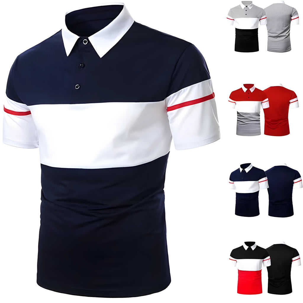 Men's lapel slim polo shirt in cotton with asymmetric style, available in red gray black navy blue sizes S to 3XL