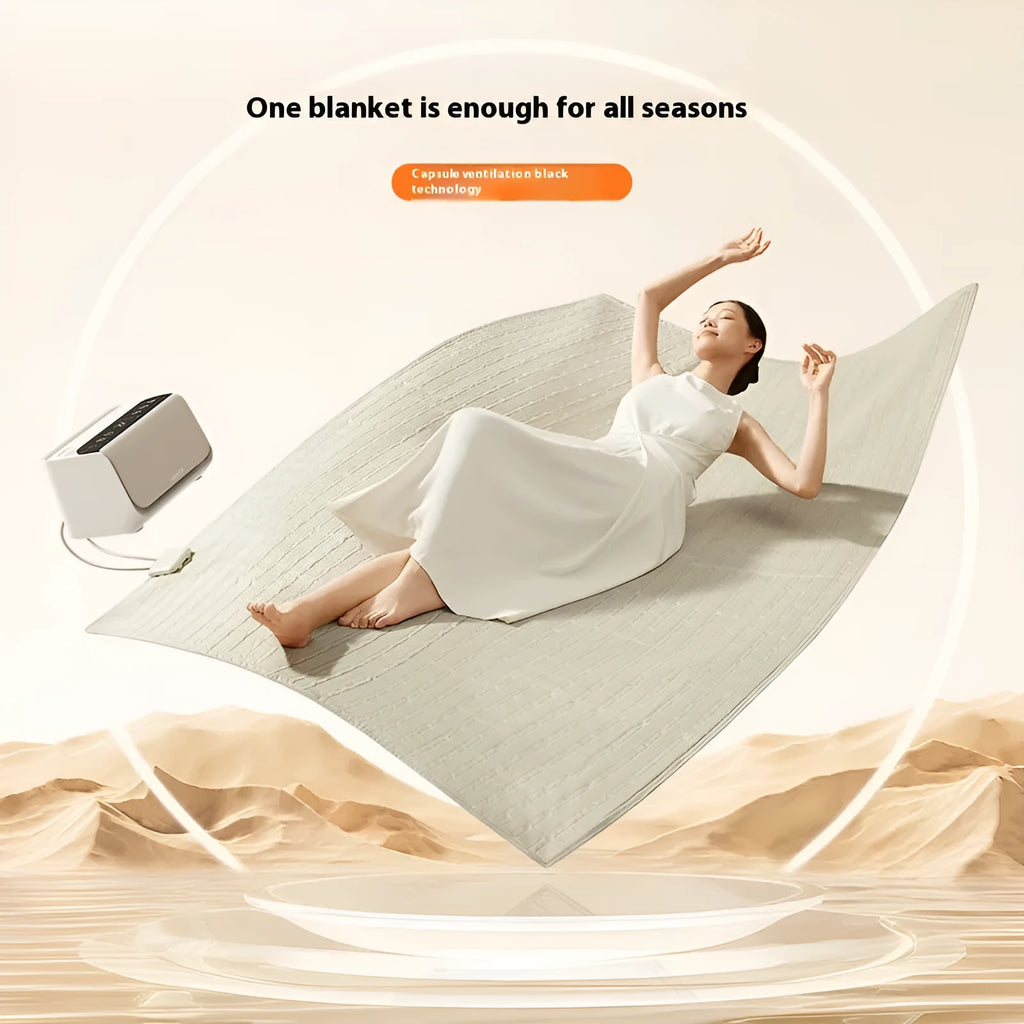 Electric water heating blanket showing PVC capsule design with plush lining in two size options