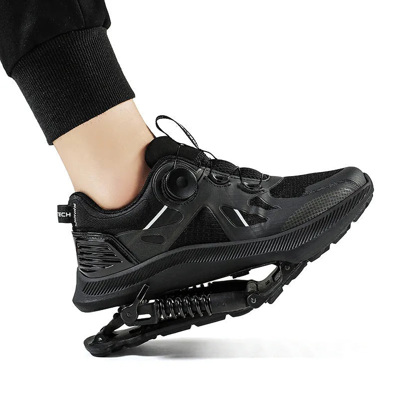 Black mid-top running shoes with buckle fastening and mesh upper design