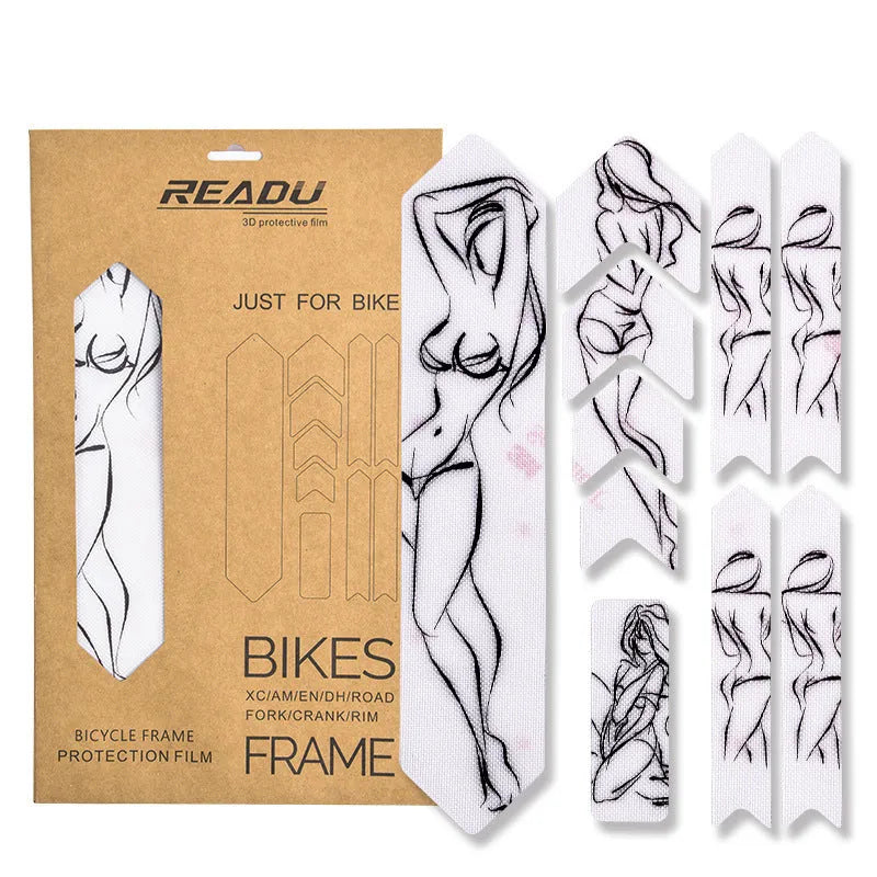 Mountain bike frame protective film in seven colour options including transparent textures and solid designs