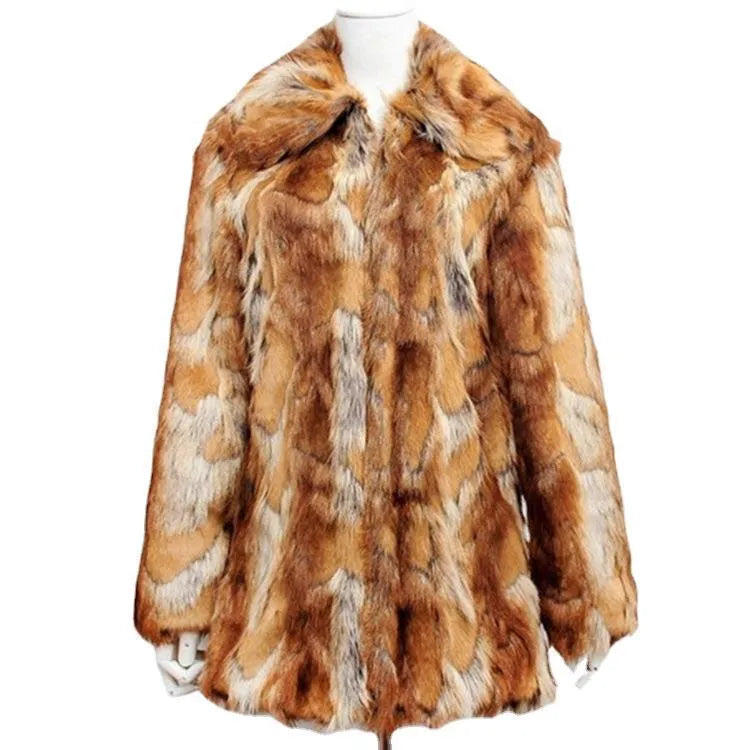 Women's slim fit tiger pattern faux fur jacket with long sleeves on a mannequin.