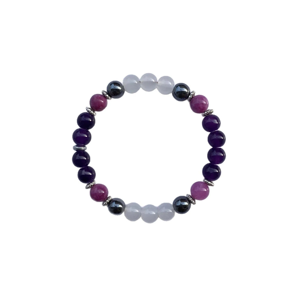Amethyst purple mica hematite white crystal bracelet with 8mm natural stone beads and coloured glaze, unisex style