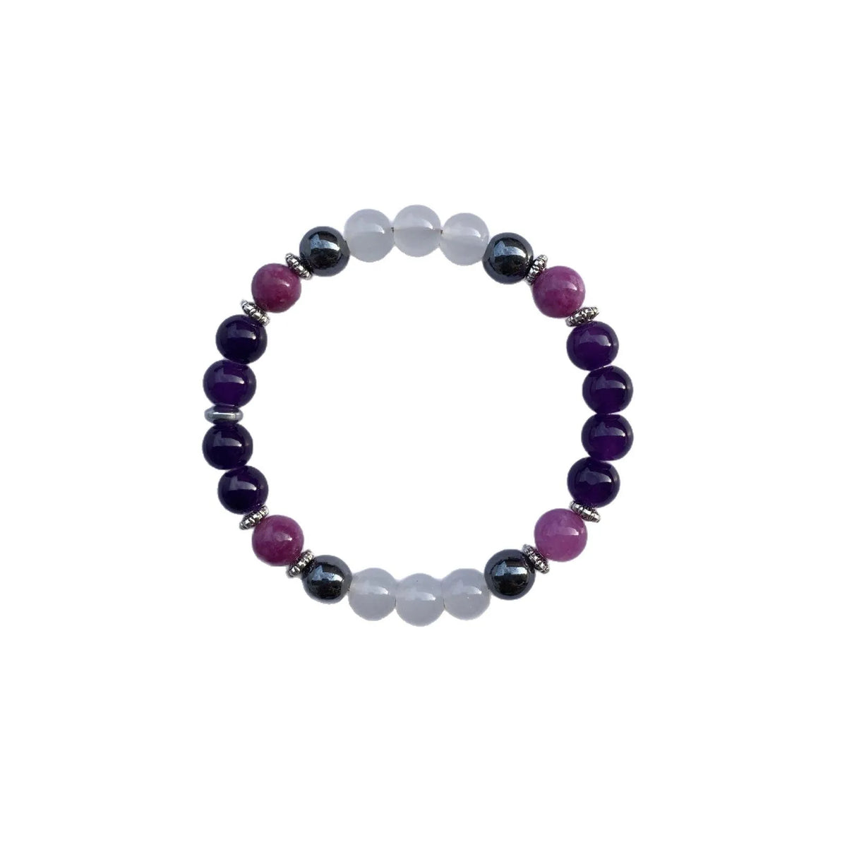 Amethyst purple mica hematite white crystal bracelet with 8mm natural stone beads and coloured glaze, unisex style