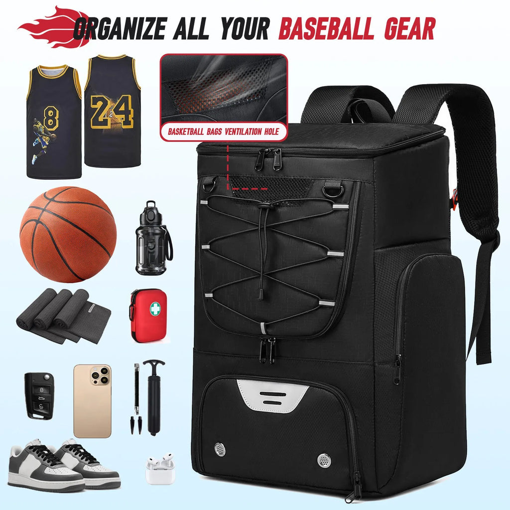 Black oxford cloth basketball training backpack with large main compartment.