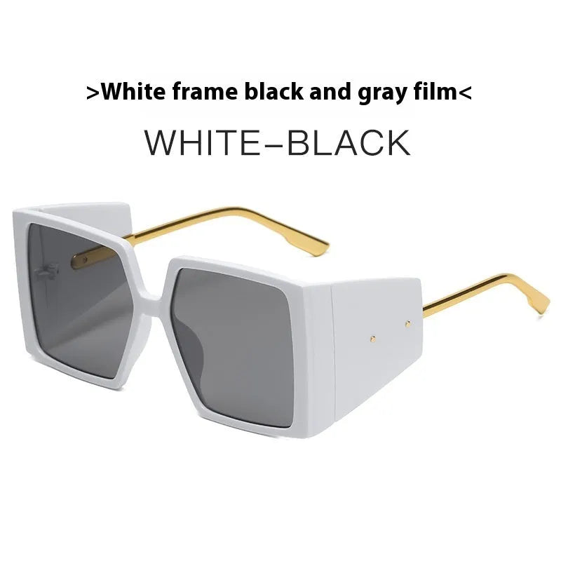 Large square frame sunglasses shown in available colours: black, blue, champagne, green, hawksbill, orange, and white.